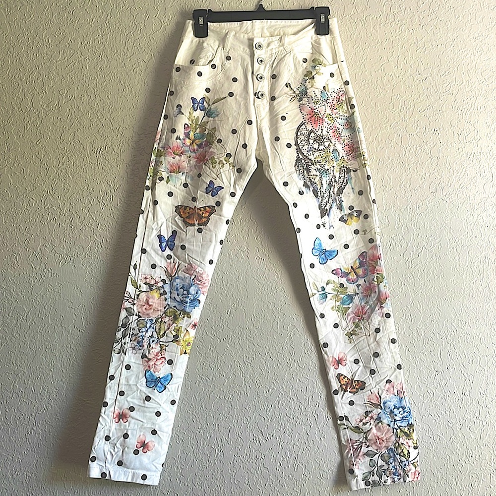 Venti6 Skinny Jeans - Floral Print with Polka Dots and Butterflies - Size 8
